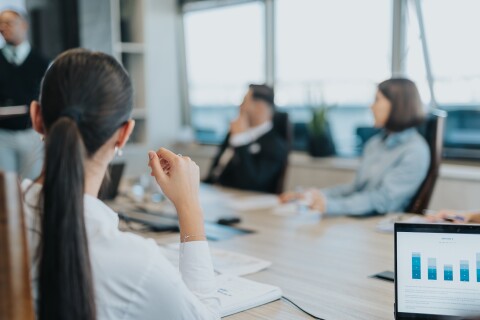 Corporate workshop facilitator teaching professionals meeting room